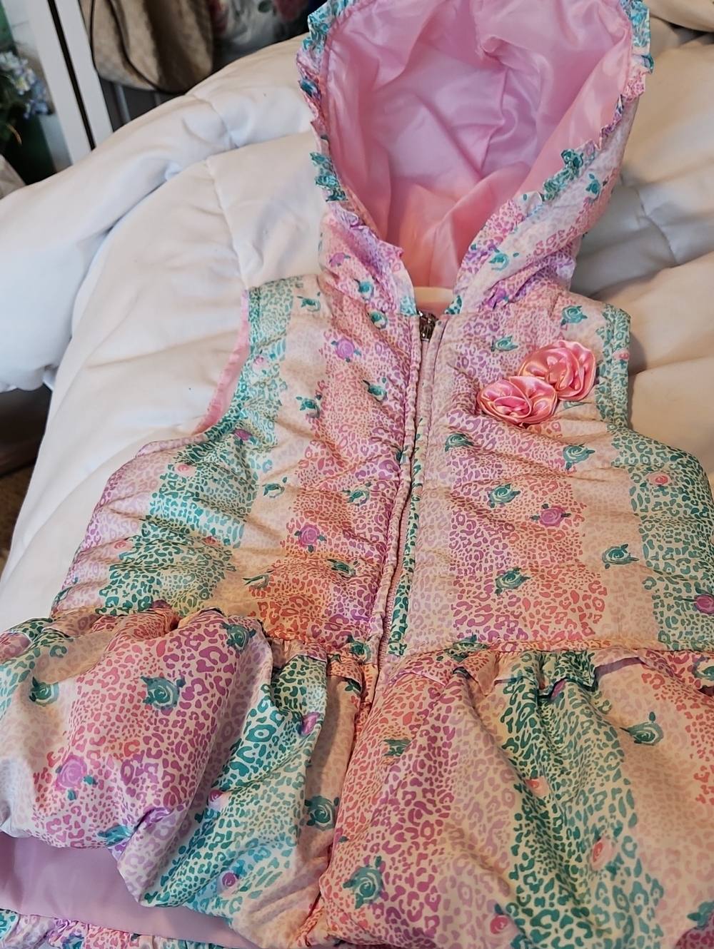 Kids Headquarters Pink Teal Floral Hooded Puffer Vest with Heart Zip Pull